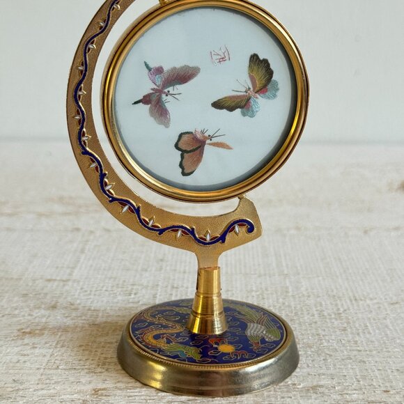 Vintage Chinese Cloisonne Silk Butterfly Embroidery Art - Picture 4 of 13